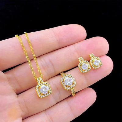 Fashion Jewelry Set Zircon Gem Pendant Chain Choker Necklace For Women Gold Color Stud Earring Statement Wedding Ring - UrbanZ By Nisha