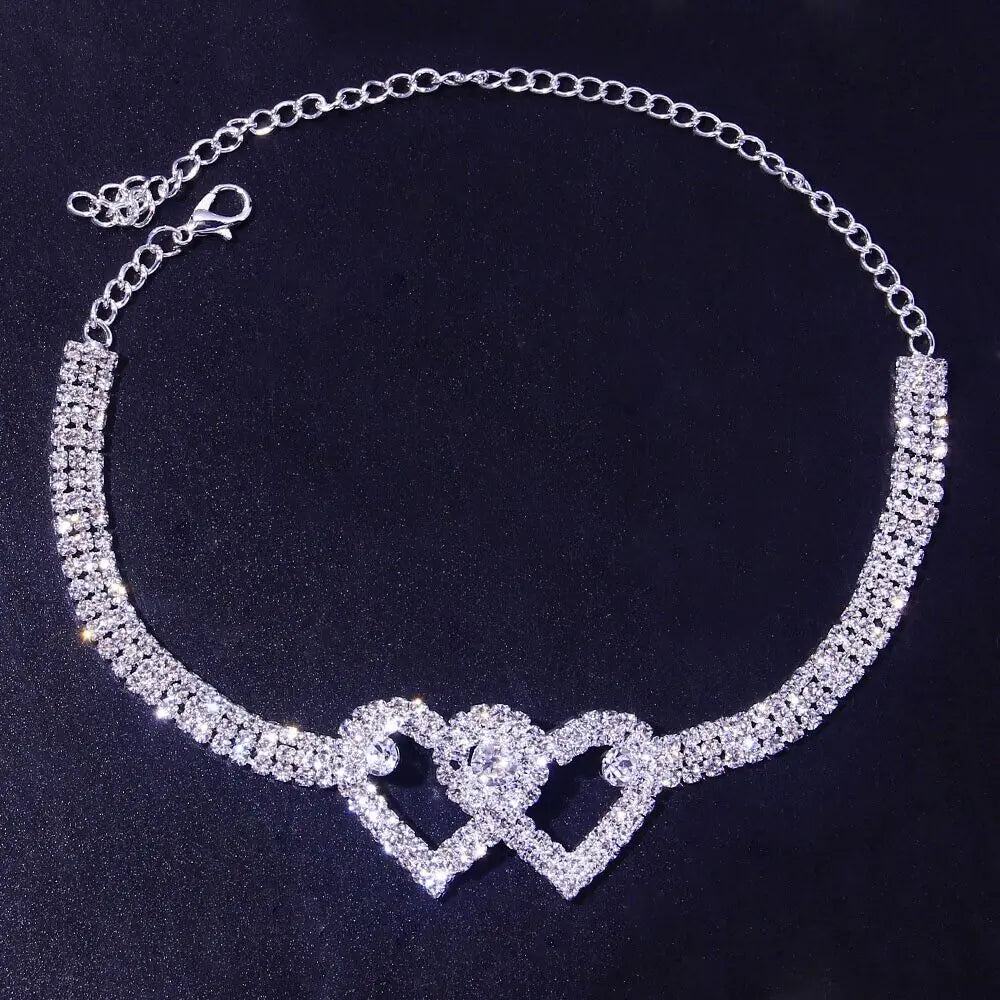 Double Heart Chain Bling Crystal Ankle Bracelet