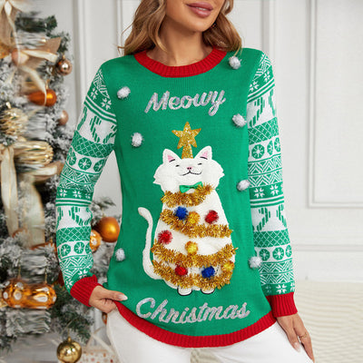 Beautiful Christmas Cartoon Kitten Embroidered Sweater