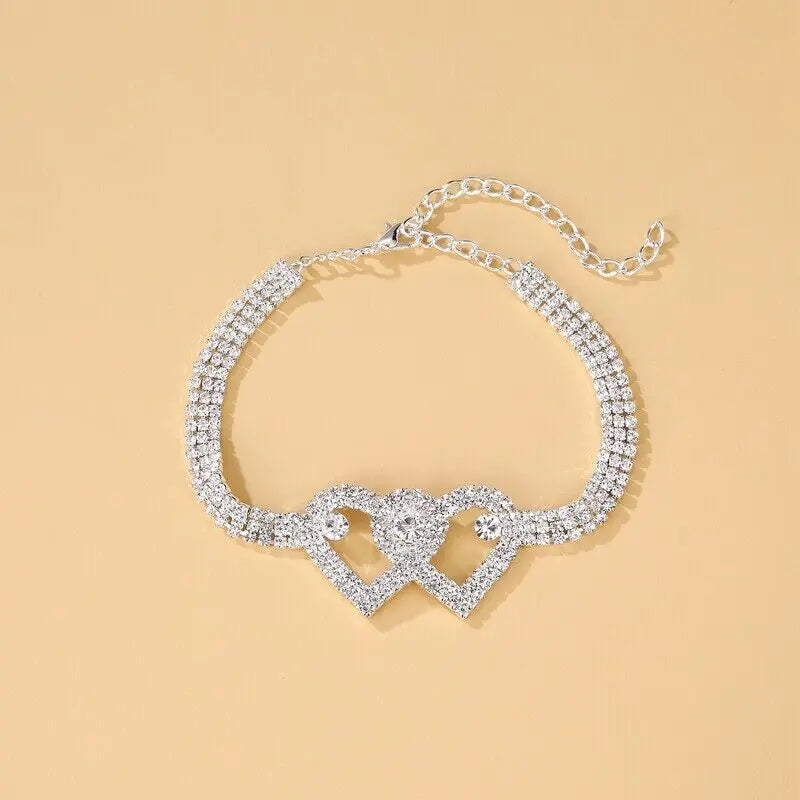 Double Heart Chain Bling Crystal Ankle Bracelet