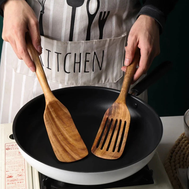 Teak Wood Long-Handled Cooking Spatula Set