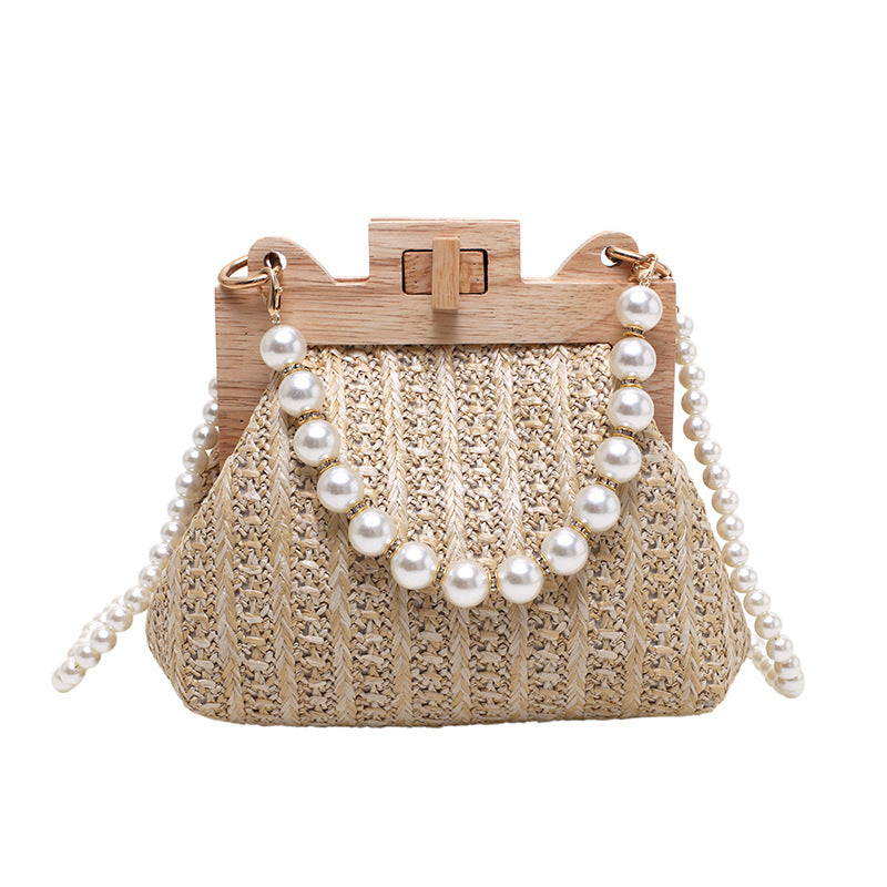 Women's Straw Beach Pearl Chain Woven Shoulder Bag - UrbanZ By Nisha