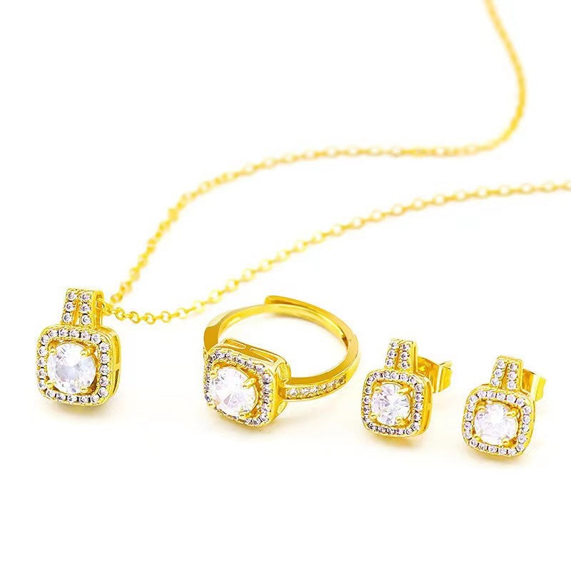 Fashion Jewelry Set Zircon Gem Pendant Chain Choker Necklace For Women Gold Color Stud Earring Statement Wedding Ring - UrbanZ By Nisha