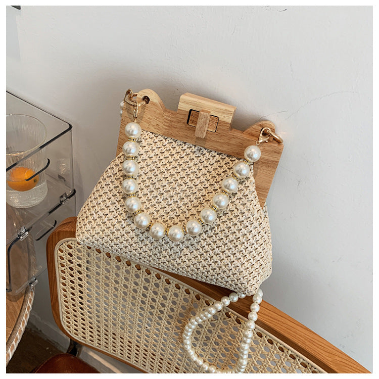 Women's Straw Beach Pearl Chain Woven Shoulder Bag - UrbanZ By Nisha