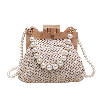 Women's Straw Beach Pearl Chain Woven Shoulder Bag - UrbanZ By Nisha