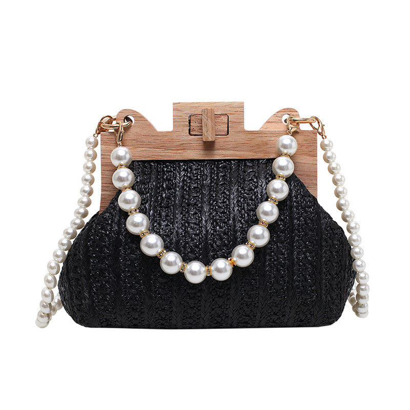 Women's Straw Beach Pearl Chain Woven Shoulder Bag - UrbanZ By Nisha