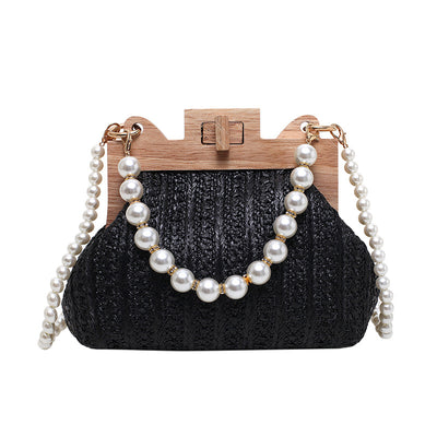 Women's Straw Beach Pearl Chain Woven Shoulder Bag - UrbanZ By Nisha