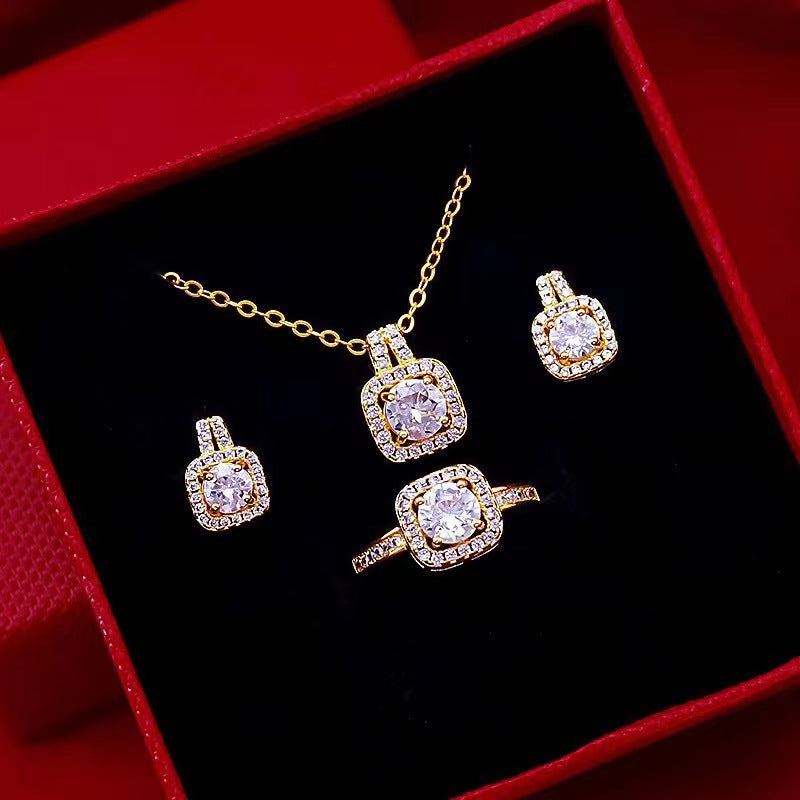 Fashion Jewelry Set Zircon Gem Pendant Chain Choker Necklace For Women Gold Color Stud Earring Statement Wedding Ring - UrbanZ By Nisha