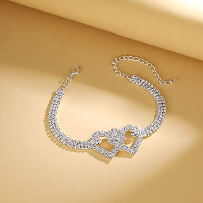 Double Heart Chain Bling Crystal Ankle Bracelet