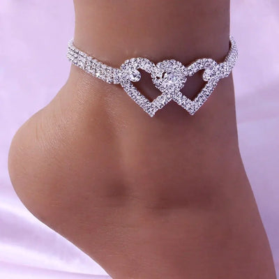 Double Heart Chain Bling Crystal Ankle Bracelet