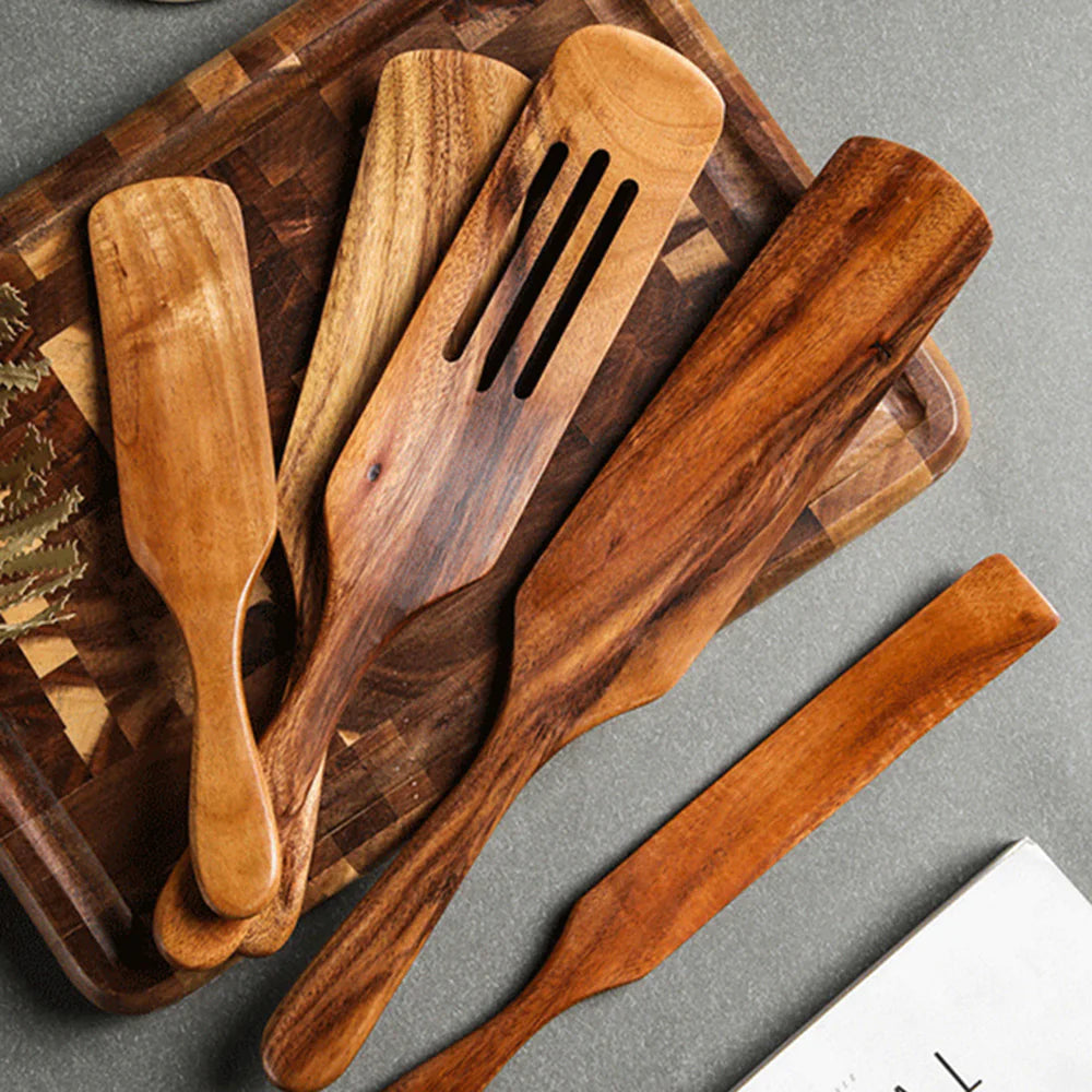 Teak Wood Long-Handled Cooking Spatula Set