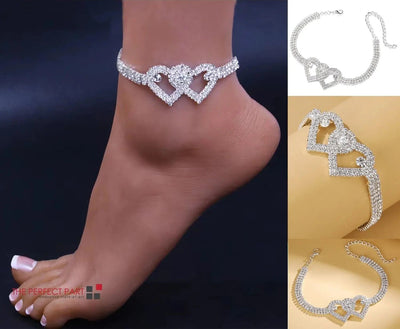 Double Heart Chain Bling Crystal Ankle Bracelet