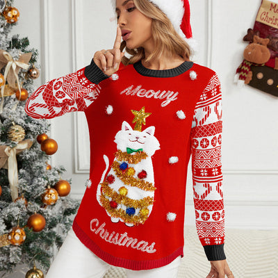 Beautiful Christmas Cartoon Kitten Embroidered Sweater