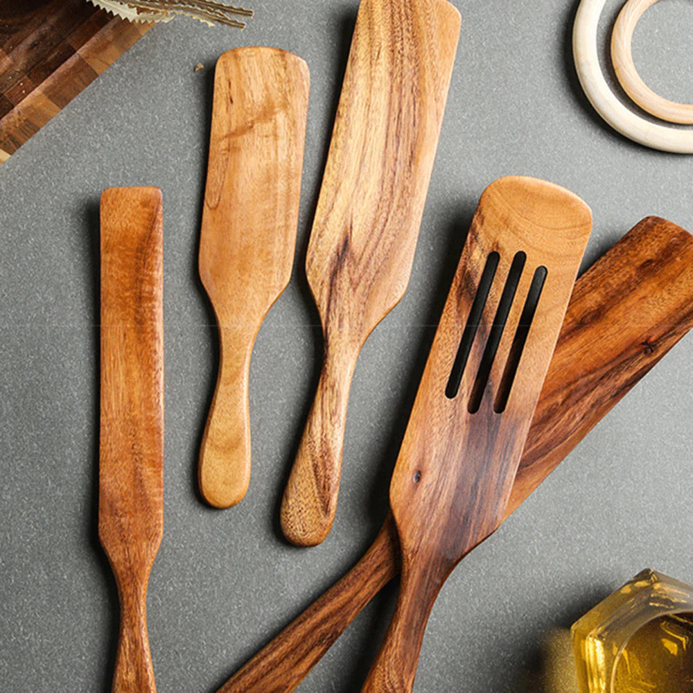 Teak Wood Long-Handled Cooking Spatula Set