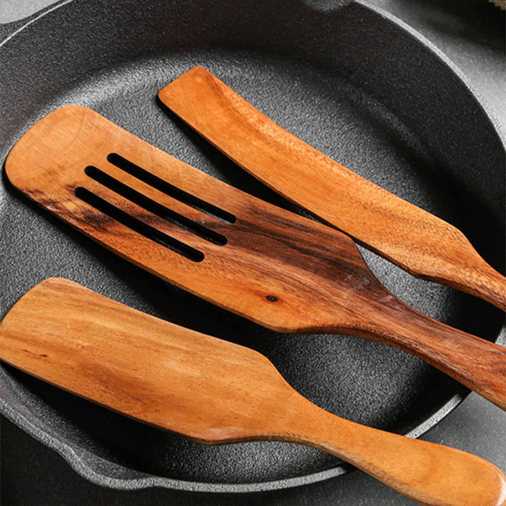 Teak Wood Long-Handled Cooking Spatula Set