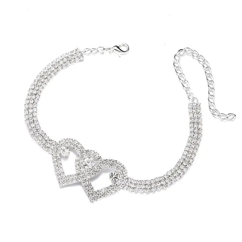 Double Heart Chain Bling Crystal Ankle Bracelet