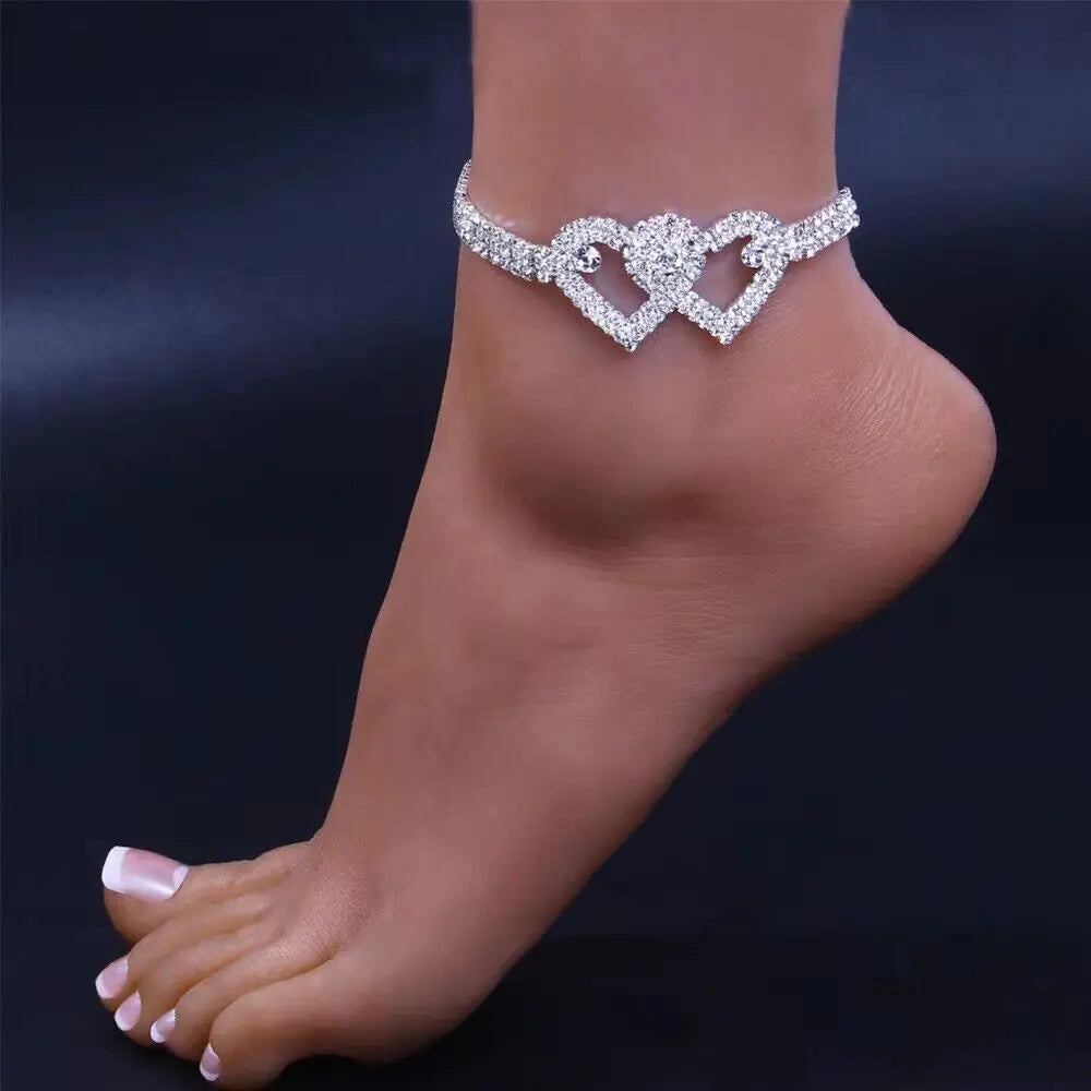 Double Heart Chain Bling Crystal Ankle Bracelet